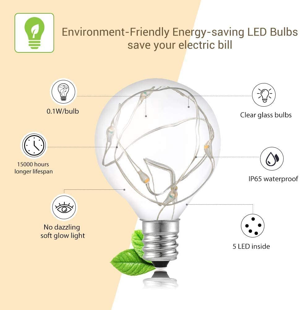 G40 LED Outdoor String Lights, 38.5Ft UL Approval IP65 Waterproof, 30+3 0.1W per Bulbs Energy Saving, outside Decorative Lighting Hanging for Patio Porch Garden Bistro Cafe Party Wedding