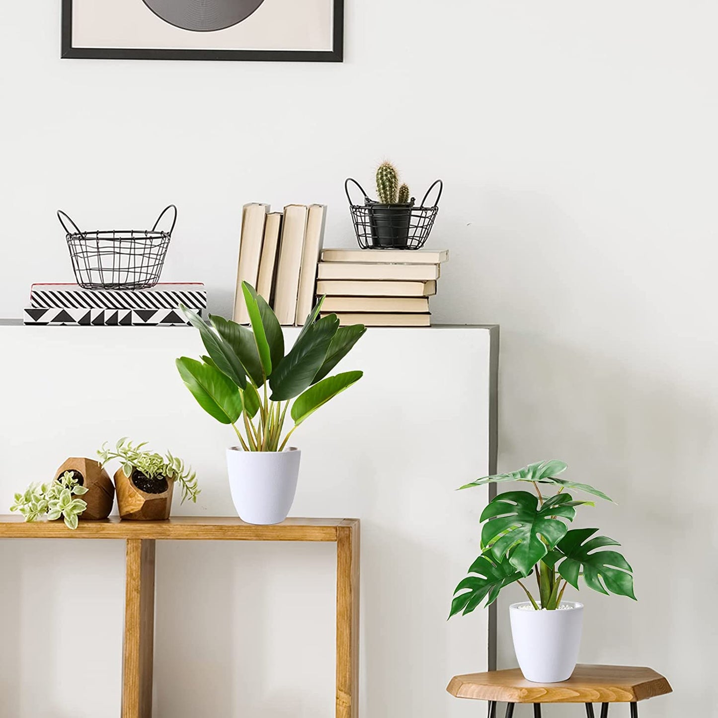 Fake Plants,Artificial Plants 16''Faux Bird of Paradise Plant and Fake Monstera Deliciosa Plant for Home Decor Indoor, Artificial Potted Plants for Office Room Desk Decoration,2 Pack
