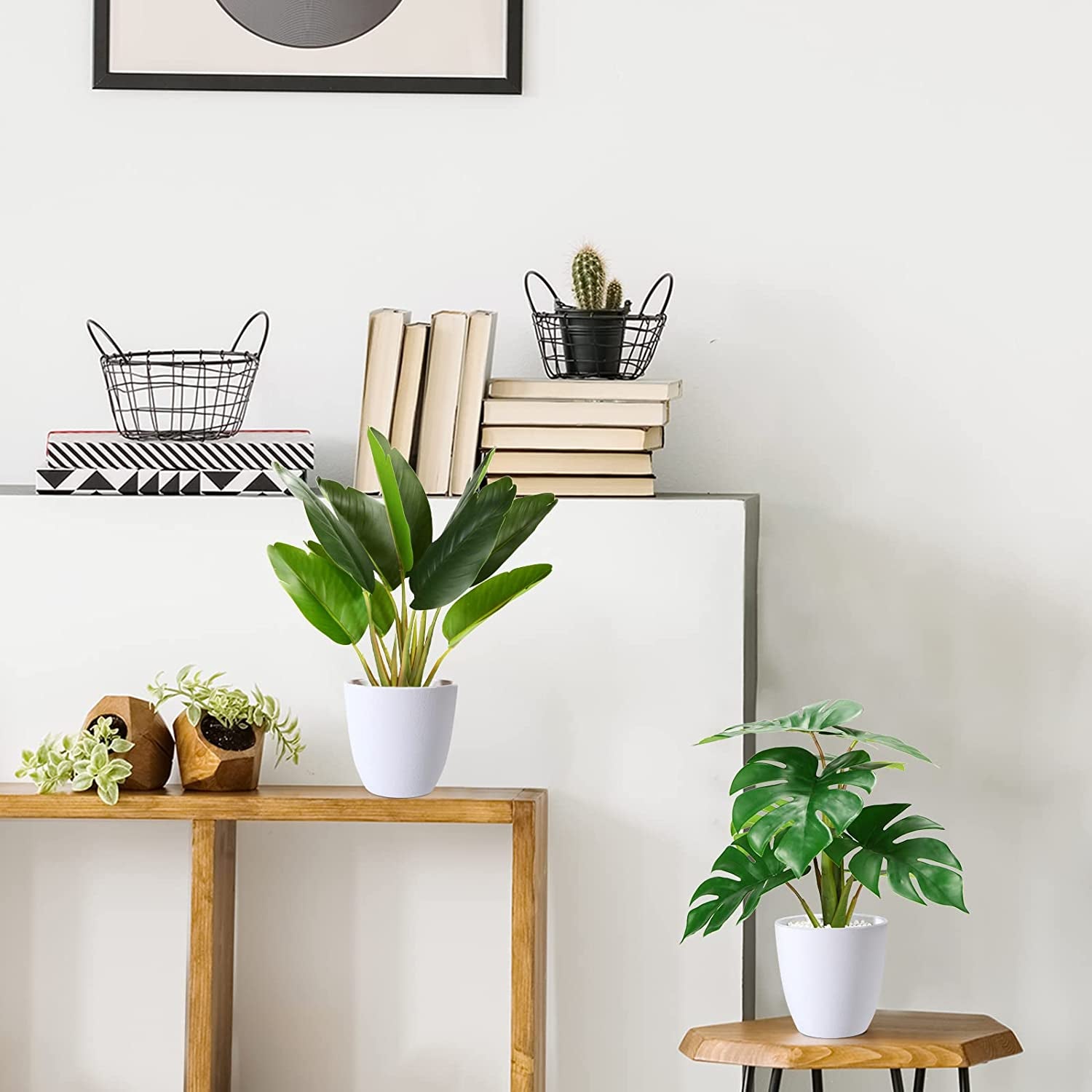 Fake Plants,Artificial Plants 16''Faux Bird of Paradise Plant and Fake Monstera Deliciosa Plant for Home Decor Indoor, Artificial Potted Plants for Office Room Desk Decoration,2 Pack