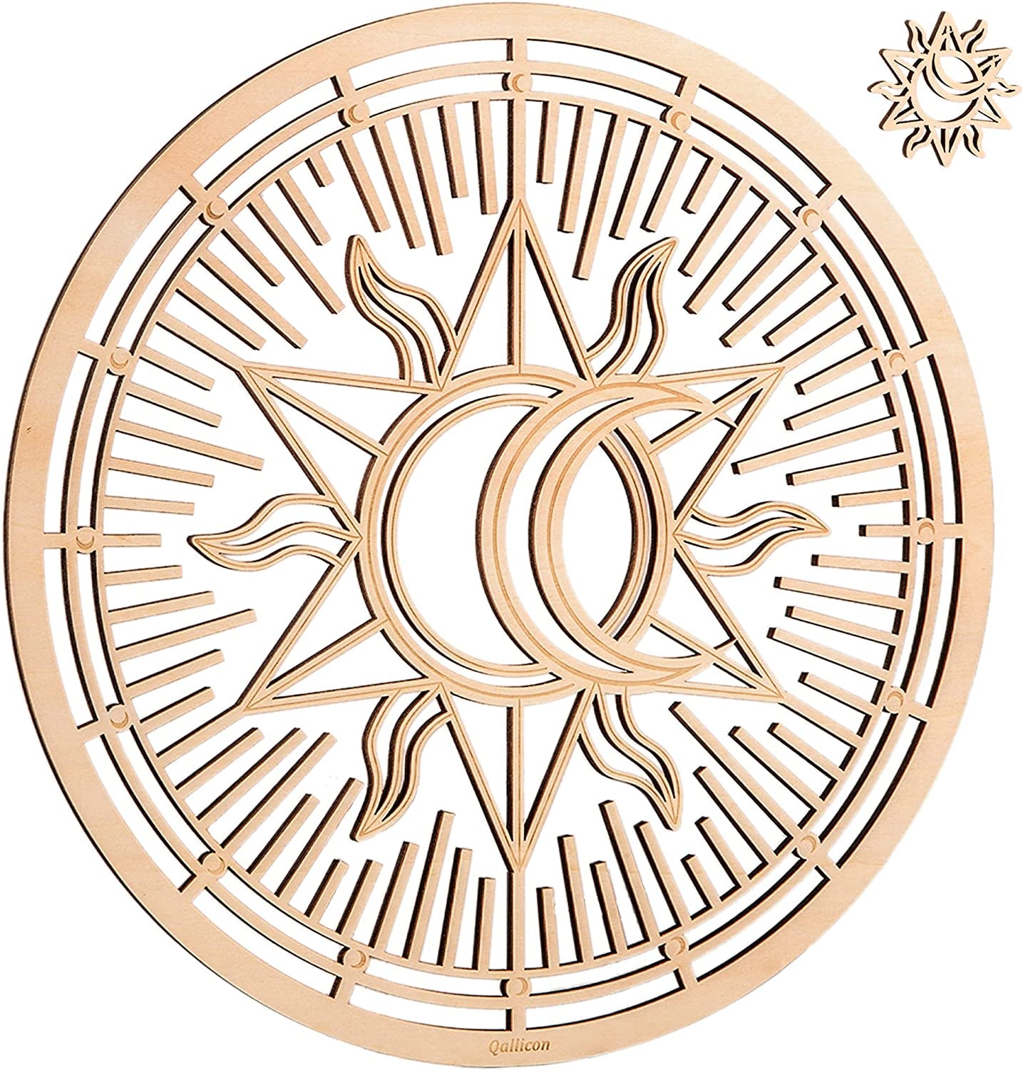 11.5" Sacred Geometry Wall Art, Wooden Union Sun Moon Wall Decor, Meditation Chakra Wood Wall Sculpture Art Symbol Spiritual Decor Yoga Gifts Crystal Grid Board (Sun Moon)