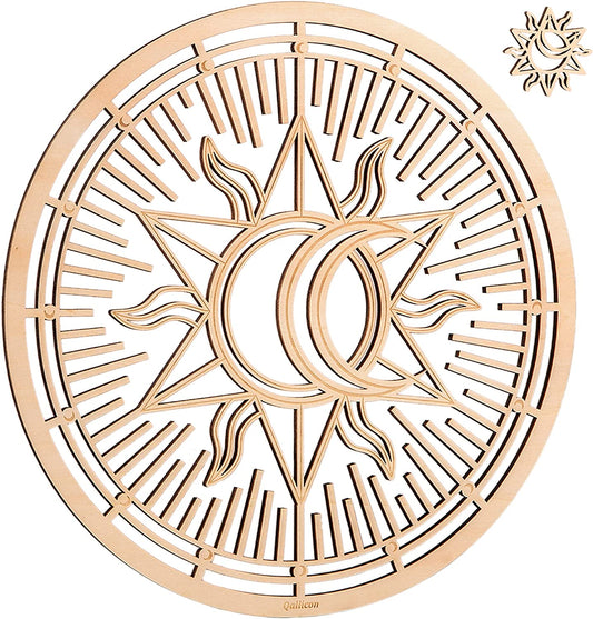 11.5" Sacred Geometry Wall Art, Wooden Union Sun Moon Wall Decor, Meditation Chakra Wood Wall Sculpture Art Symbol Spiritual Decor Yoga Gifts Crystal Grid Board (Sun Moon)