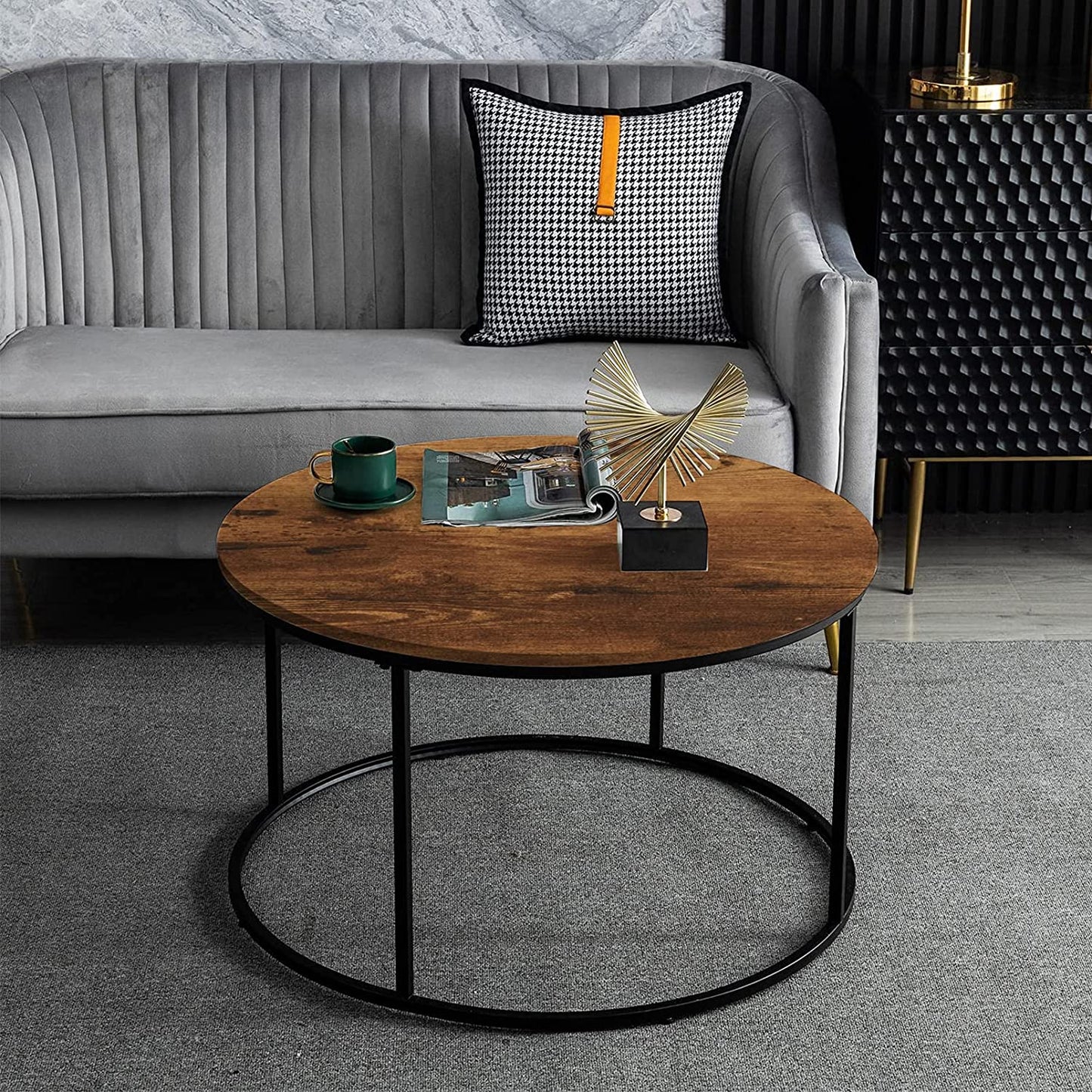 Rustic Brown round Coffee Table for Living Room, Small Modern Circle Table, Accent Side Sofa Table with Wood Top & Metal Frame, Sturdy and Stylish, 31.5 Inch