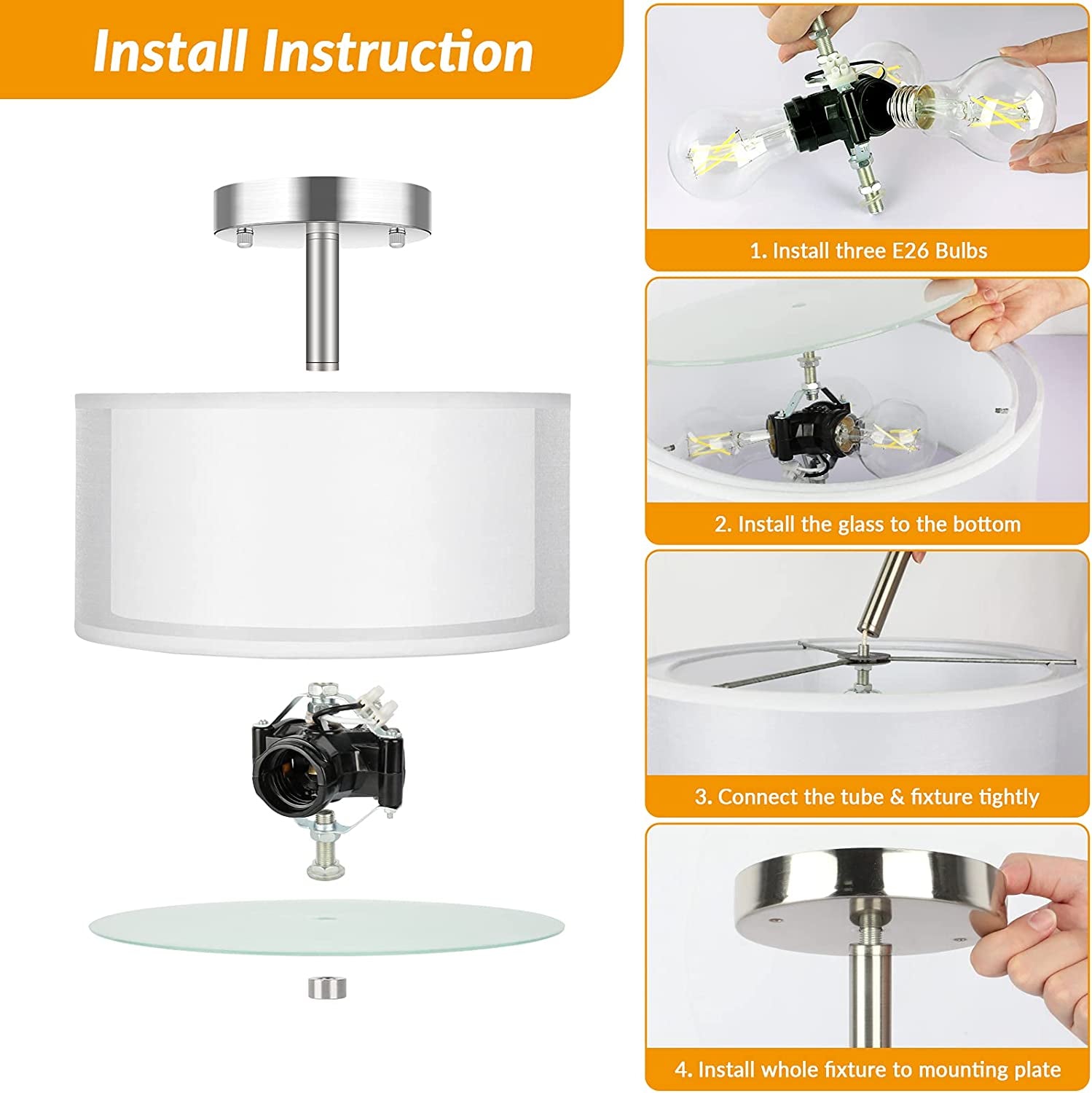 3-Light Semi Flush Mount Ceiling Light Fixture, Drum Light with Double Fabric Shade, Modern Close to Ceiling Lights for Living Room, Bedroom, Dining Room, Kitchen, Hallway, Entry, Foyer