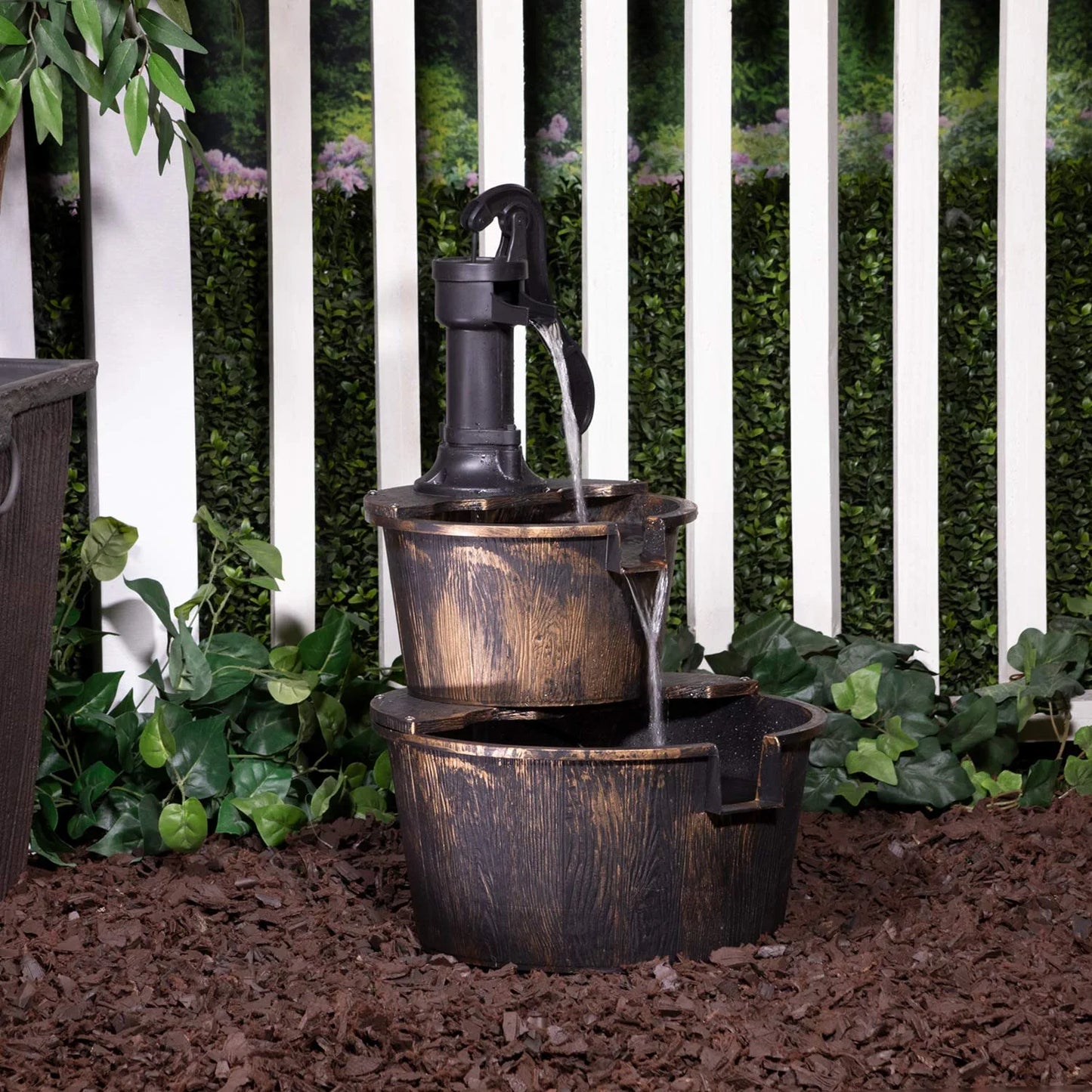 27" Tall 2-Tier Barrel and Pump Waterfall Fountain, Bronze Finish