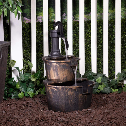 27" Tall 2-Tier Barrel and Pump Waterfall Fountain, Bronze Finish