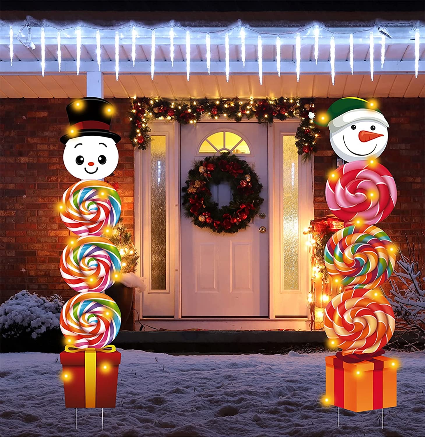 Outdoor Christmas Decorations Yard Stakes Signs with 40LED String Lights- New Year Giant Holiday Grinch Xmas Decor for Home Lawn Pathway Walkway Candyland Party- 50Inch