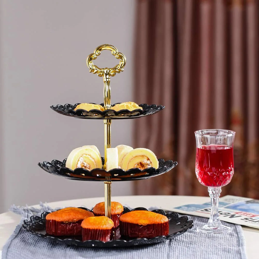 Black round Plate 3 Tiered Serving Stand Tray Cake Stands Cupcake Holder Dessert Stand Table Decorations for Party Kids Birthday Tea Party Baby Shower