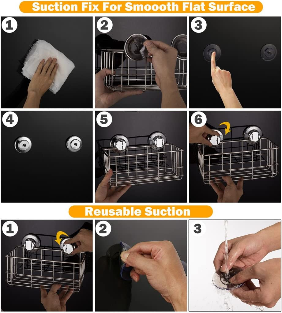 Suction Cup Deep Shower Caddy Bath Wall Shelf for Large Shampoo Shower Gel Holder Bathroom Storage - Rustproof Stainless Steel