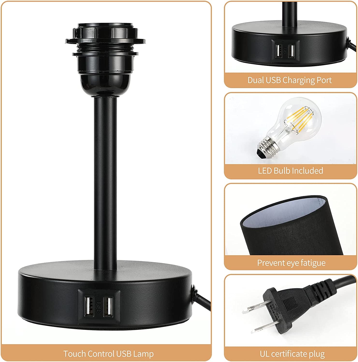 Bedside Lamp with USB Port - Touch Control Table Lamp for Bedroom 3 Way Dimmable Nightstand Lamp with round Black Fabric Shade for Living Room, Dorm, Home Office (LED Bulb Included)