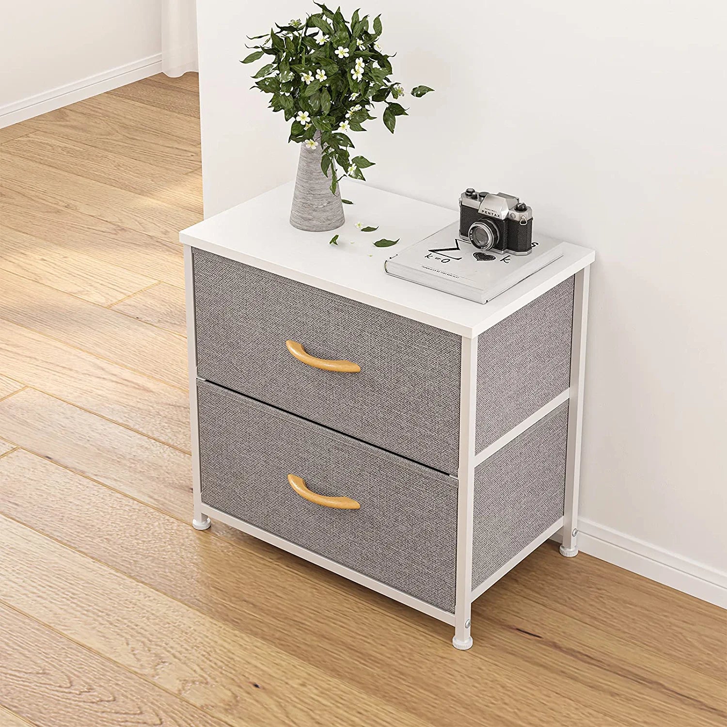 Dresser Nightstand, beside Table for Bedroom, Small Kids Bedroom Fabric Tall Dresser 2 Drawer Storage Tower Organizer Unit for Hallway Entryway Closets, Steel Frame Wood Top, Light Grey