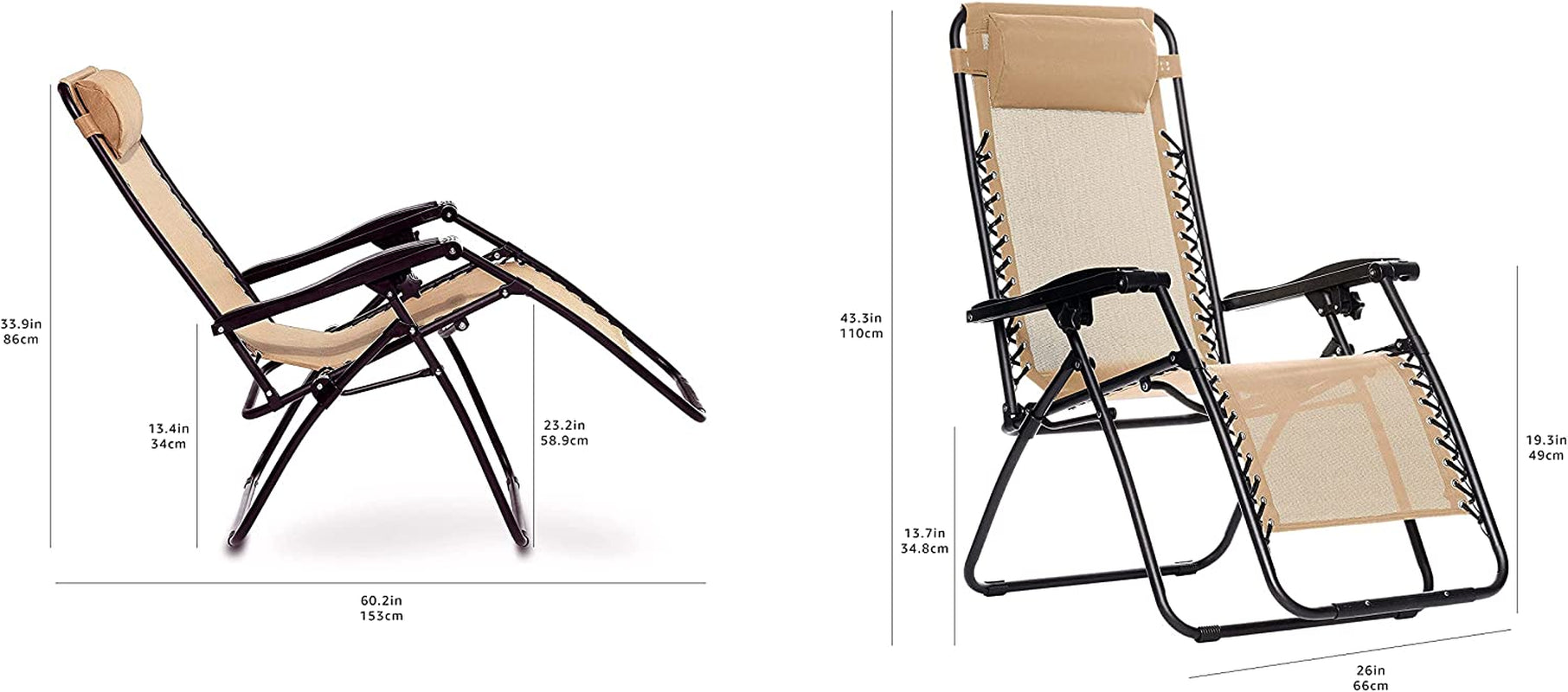 Outdoor Textilene Adjustable Zero Gravity Folding Reclining Lounge Chair with Pillow, Beige