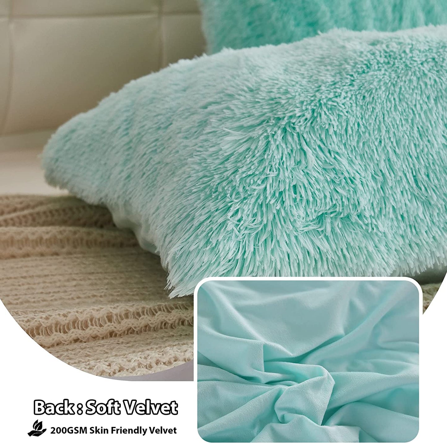 2 Pack Faux Fur Pillow Shams,Shaggy Plush Home Decorative Luxury Series Super Soft Furry Pillow Case with Zipper Closure for Home Sofa Couch Decoration,Standard Queen(Mint,20"X26")