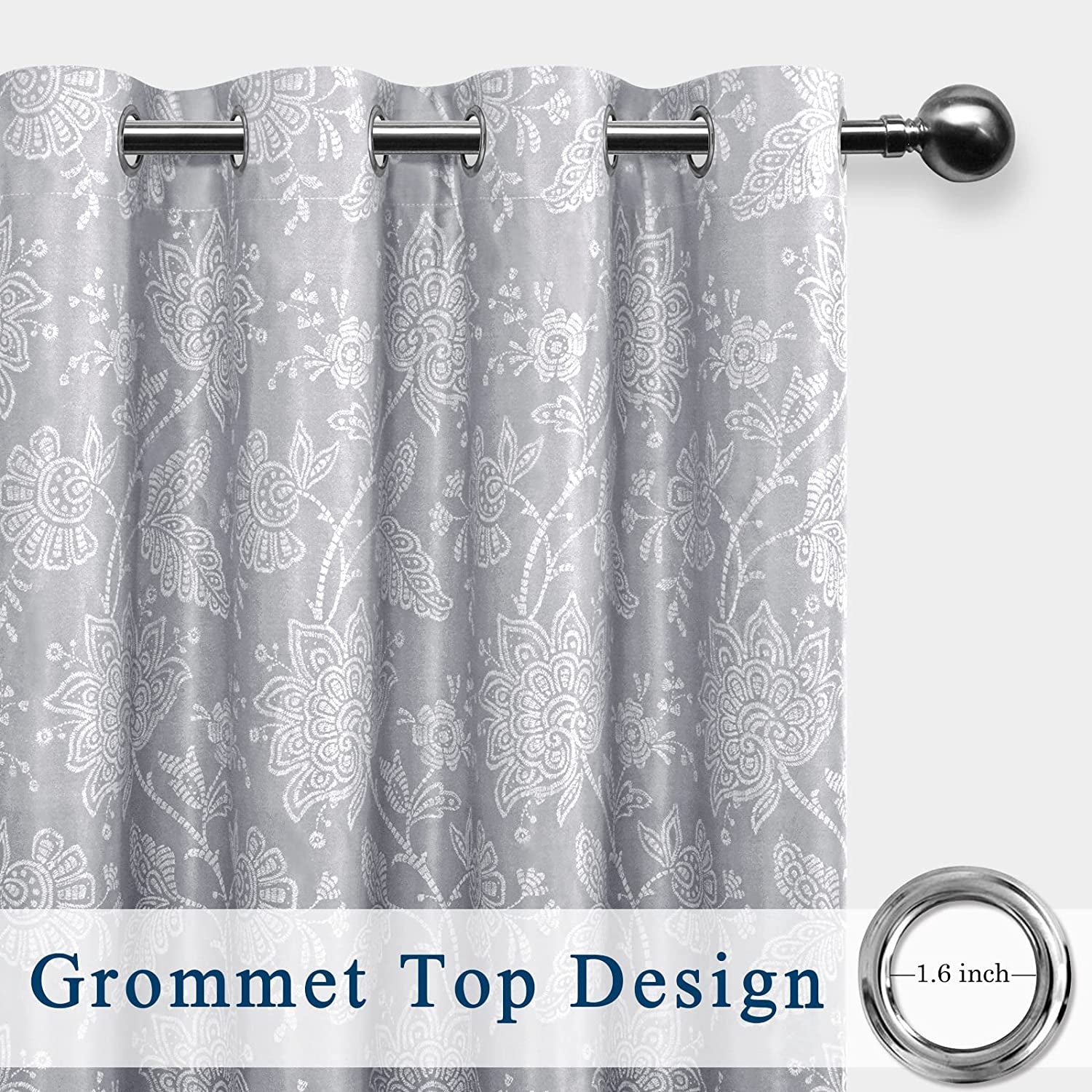 Grey Ombre Blackout Curtains with Tiebacks for Bedroom - Floral Patterned Noise Reducing Thermal Insulated Room Darkening Curtains for Living Room, 52 X 84 Inches, 2 Window Curtain Panels