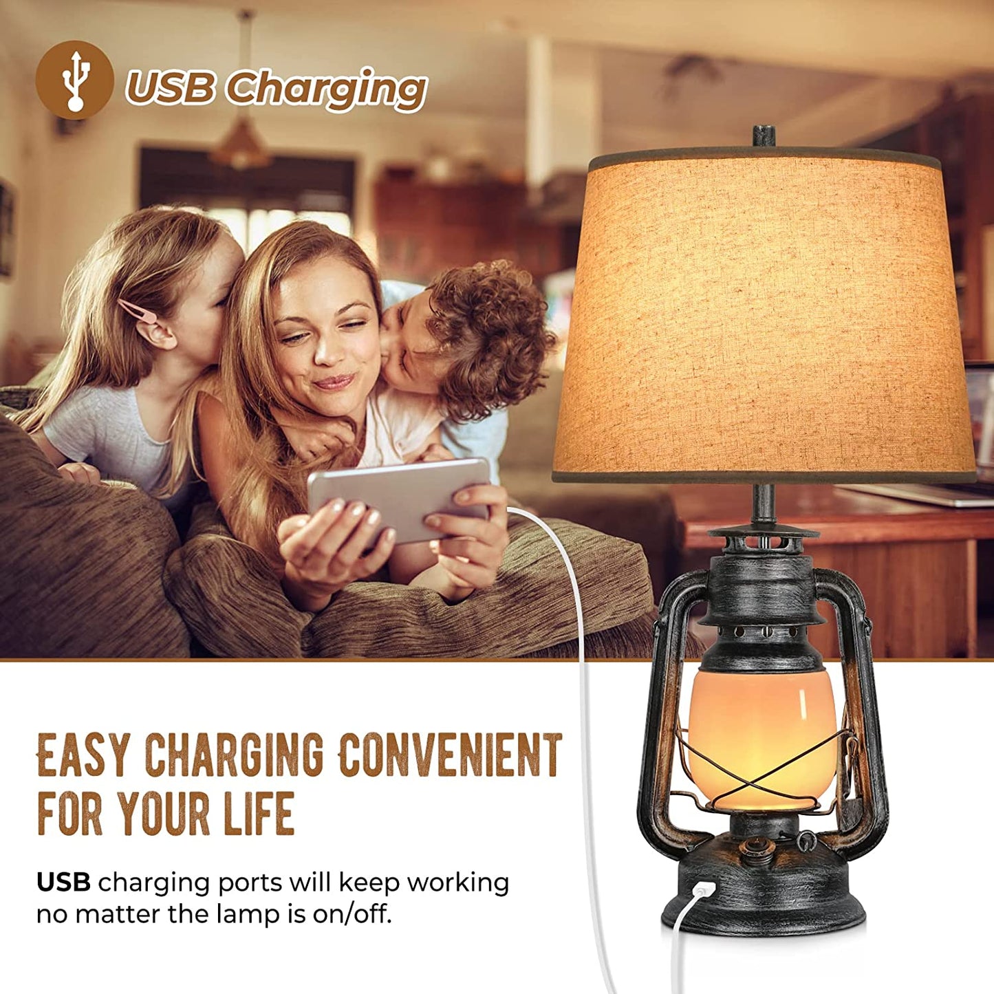 Set of 2 Touch Control Table Lamps, 3-Way Dimmable Bedside Nightstand Lamps with USB Port, Farmhouse Lamps for Bedrooms Living Room Reading End Table with Night Light Miner Lantern, Led Bulbs Included