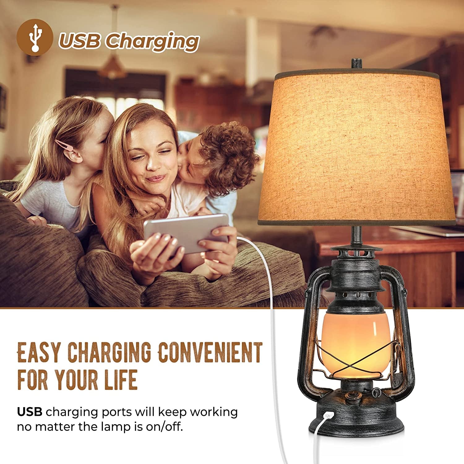 Set of 2 Touch Control Table Lamps, 3-Way Dimmable Bedside Nightstand Lamps with USB Port, Farmhouse Lamps for Bedrooms Living Room Reading End Table with Night Light Miner Lantern, Led Bulbs Included
