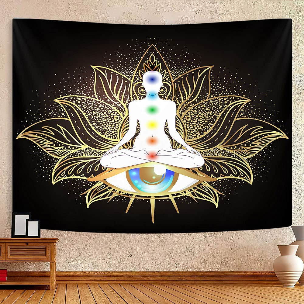 Seven Chakra Yoga Tapestry Wall Hanging,Mandala Eyes Meditation Zen Small Tapestry for Meditation Studio Room, Black Golden Lotus Spiritual Tapestries for Living Room Bedroom Dorm Home 80X60Inch