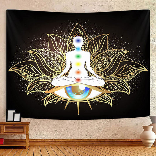 Seven Chakra Yoga Tapestry Wall Hanging,Mandala Eyes Meditation Zen Small Tapestry for Meditation Studio Room, Black Golden Lotus Spiritual Tapestries for Living Room Bedroom Dorm Home 80X60Inch