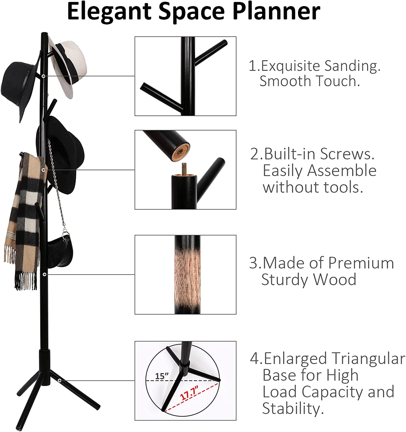 Wooden Tree Coat Rack Stand, 3 Adjustable Sizes, 8 Hooks - Super Easy Assembly NO Tools Required - Free Standing Solid Coat Hanger Stand for Clothes, Suits, Accessories (Black)