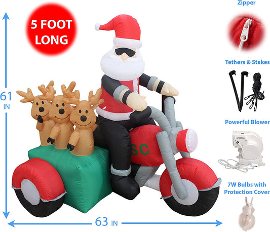 5 Foot Tall Christmas Inflatable Santa Claus and Three Reindeer on Motorcycle Outdoor Indoor Decoration