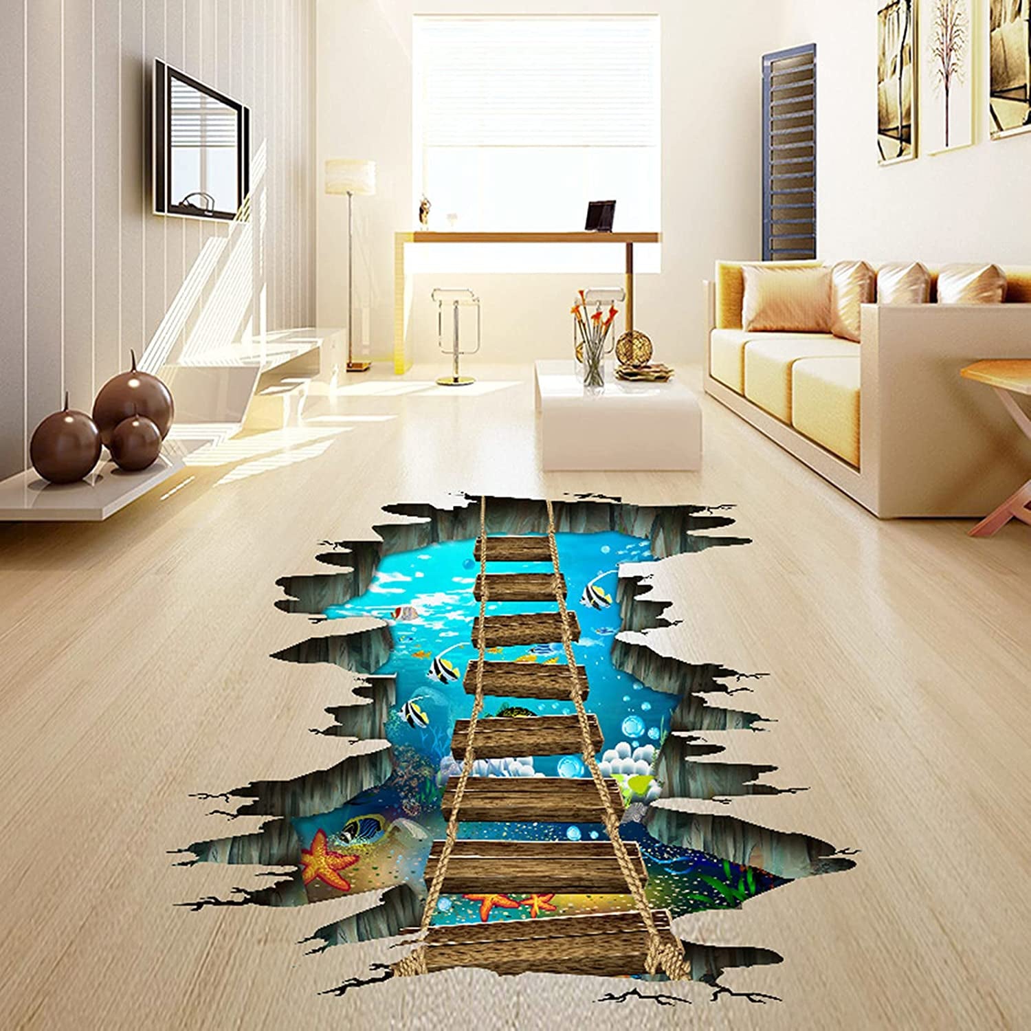 HUANLE Self-Adhesive Floor Stickers Home Room Decor 3D Volcano Lava Rope Bridge