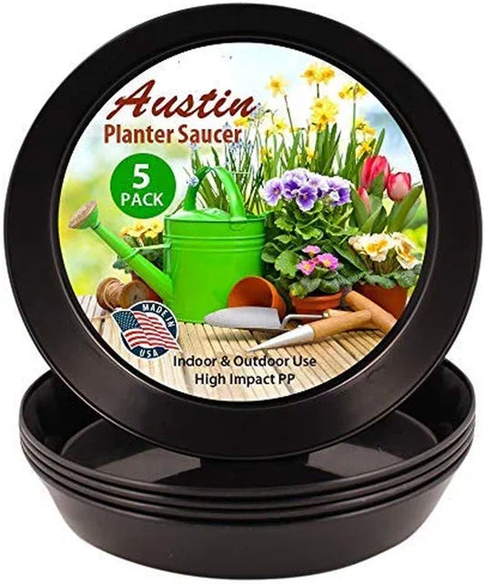 Austin Planter 18 Inch (16.3 Inch Base) 5 Pack- Plant Saucers - Black Colored Polypropylene – Heavy Duty Indoor/Outdoor Tray and Drip Pan – Collects Flower Pot Drainage and Excess Water– Made in USA