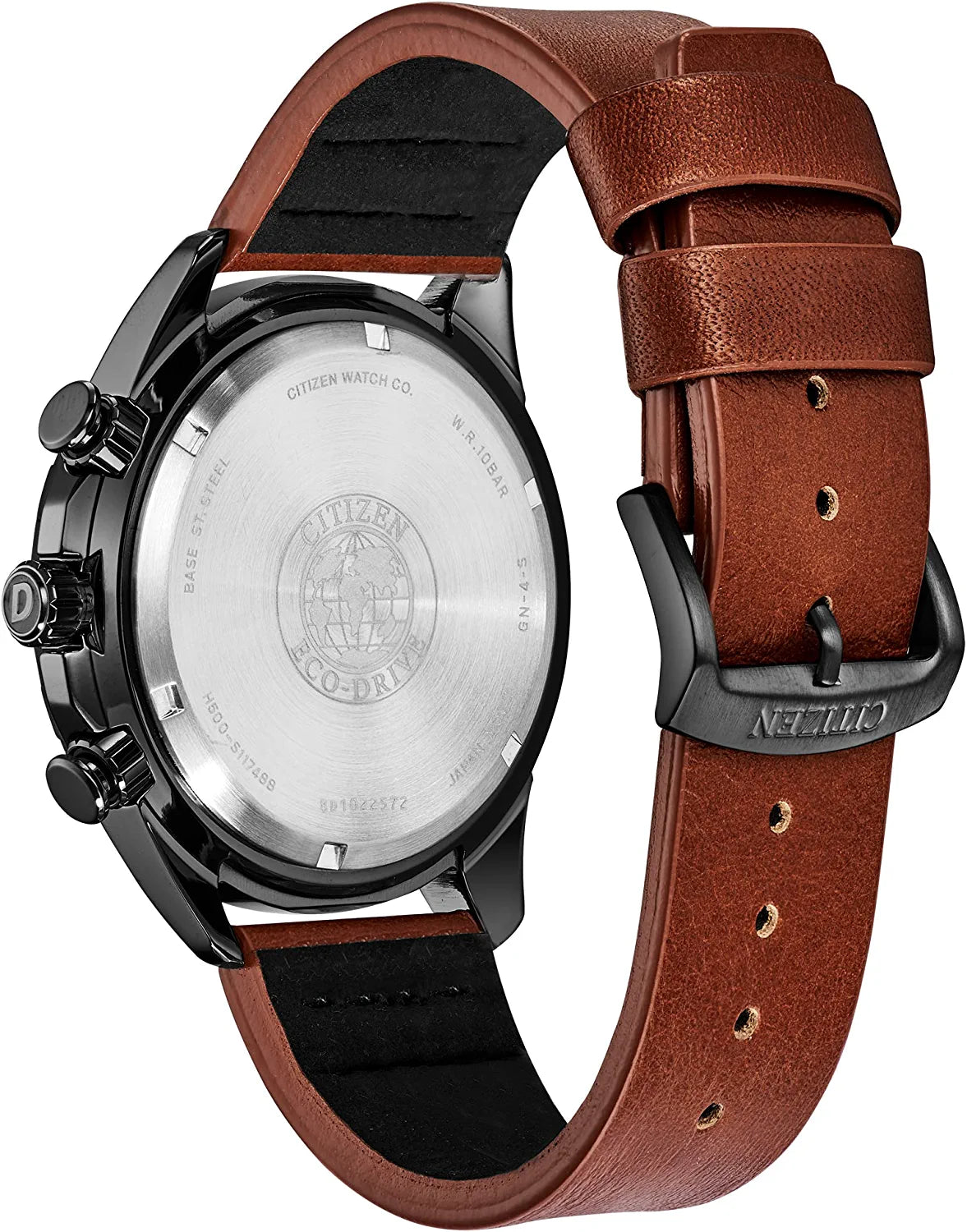 Men'S Eco-Drive Weekender Chronograph Watch in Black IP Stainless Steel with Brown Leather Strap, Black Dial (Model: AT2447-01E)