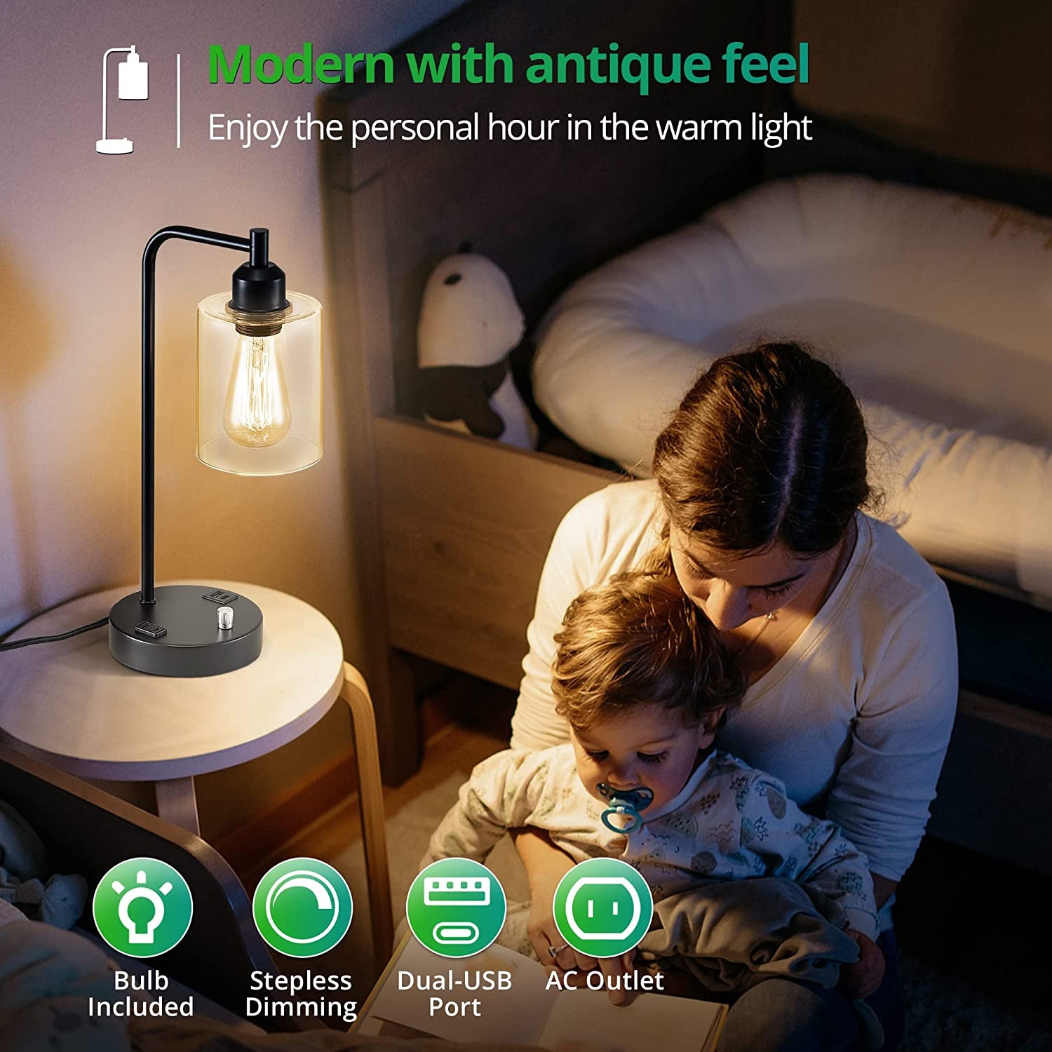 Set of 2 Industrial Table Lamps with AC Outlet and 2 USB Ports, Fully Stepless Dimmable Bedside Lamps, Nightstand Lamp with Glass Shade for Bedroom, Living Room, Office, 2700K Bulbs Included