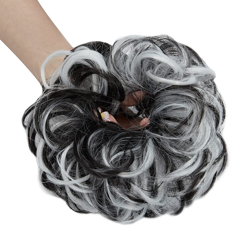 Hair Bun Extensions Messy Curly Hair Scrunchies Hairpieces Synthetic Donut Updo Hair Pieces for Women Girls 1PCS Natural Black Mix White