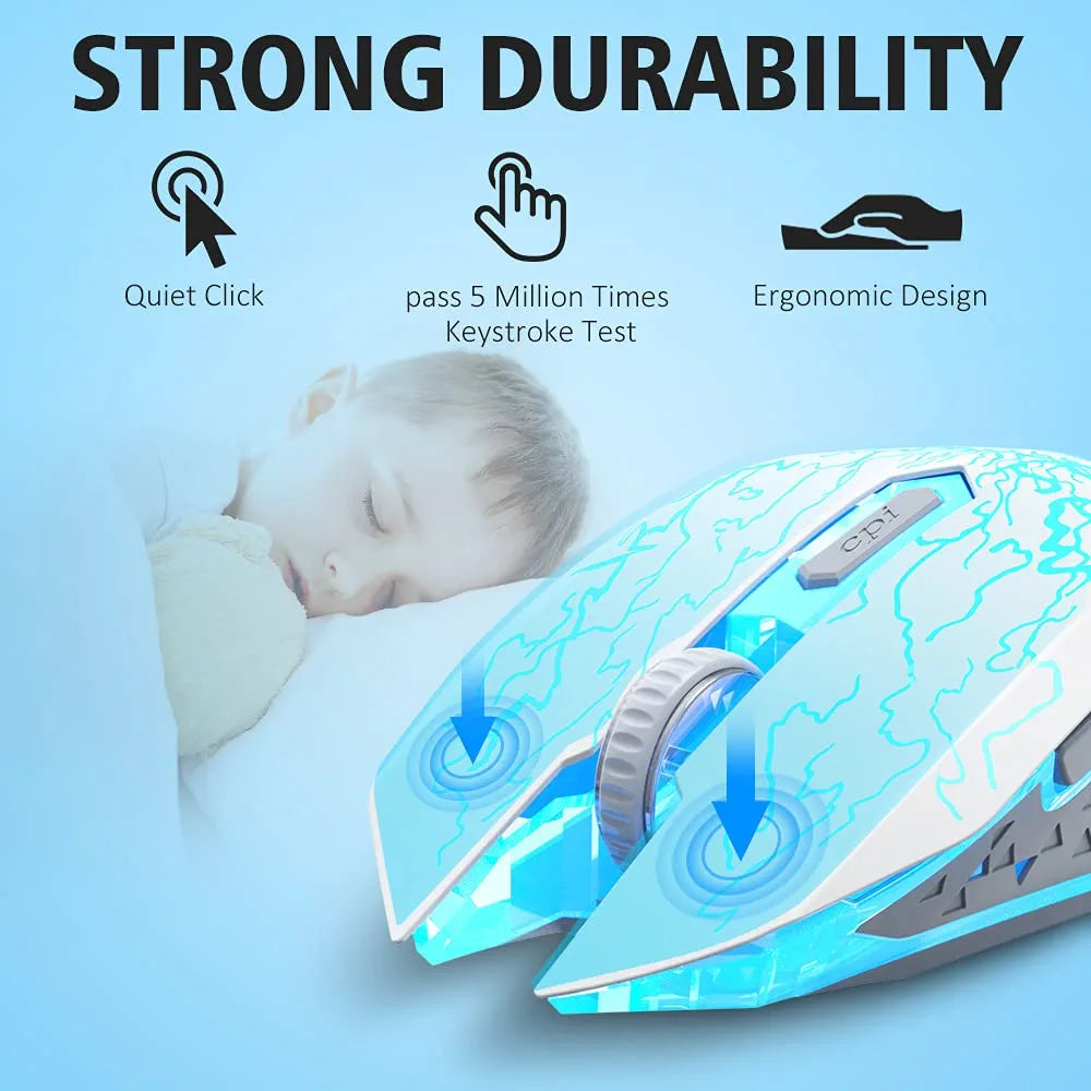 Wireless Gaming Mouse, Rechargeable Computer Mouse Mice with Colorful LED Lights, Silent Click, 2.4G USB Nano Receiver, 3 Level DPI for PC Gamer Laptop Desktop Chromebook Mac -White