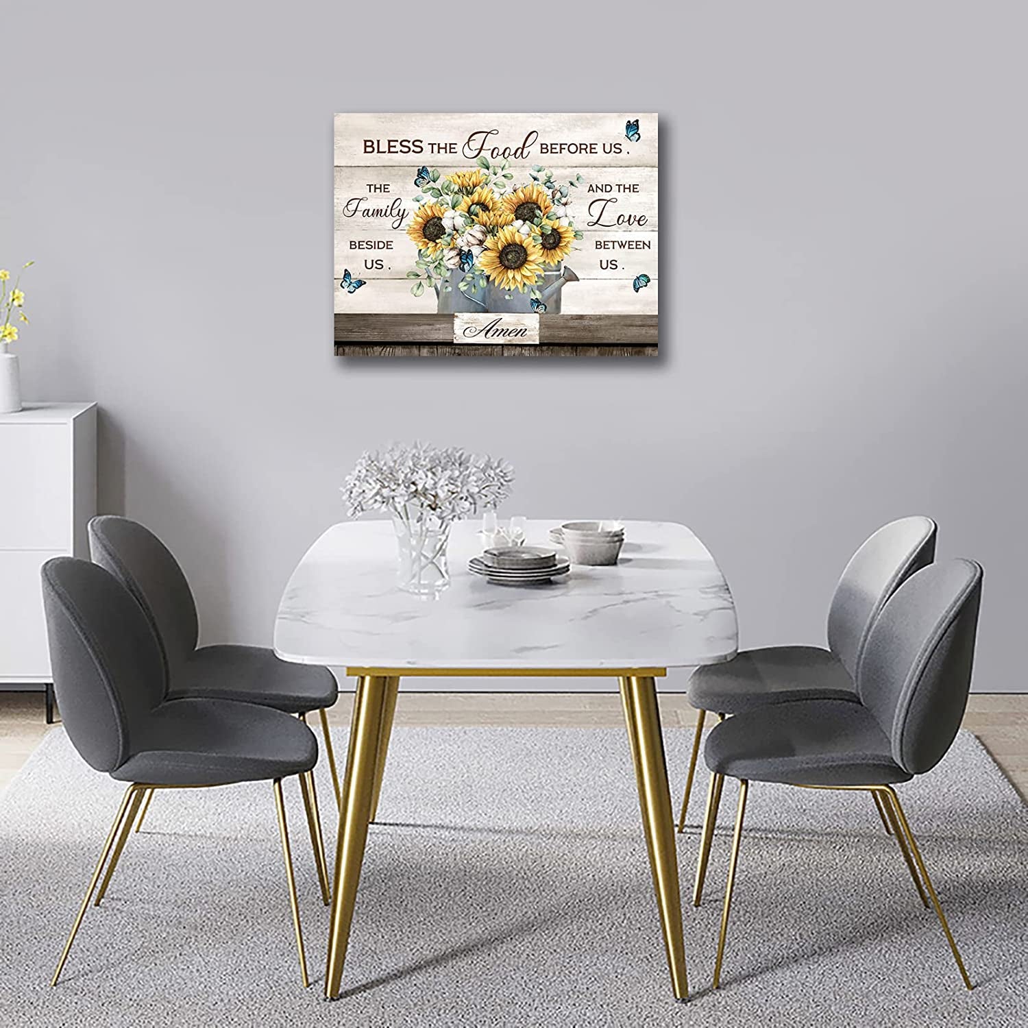 Flowers Canvas Wall Art Inspirational Quotes Canvas Pictures Farmhouse Sunflower Artwork Wall Decor Bless the Food before Us Prints for Kitchen Living Room Bedroom Dinning Home Decor Framed 12" X16"