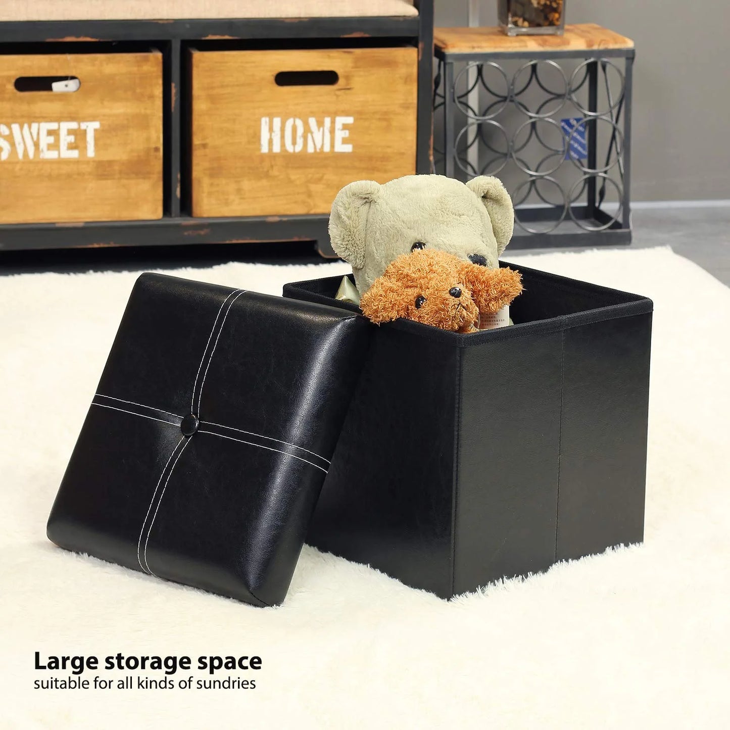 Storage Ottoman with Faux Leather Foldable Small Square Foot Rest Stools Coffee Table Black 11.8"X 11.8" X 11.8"