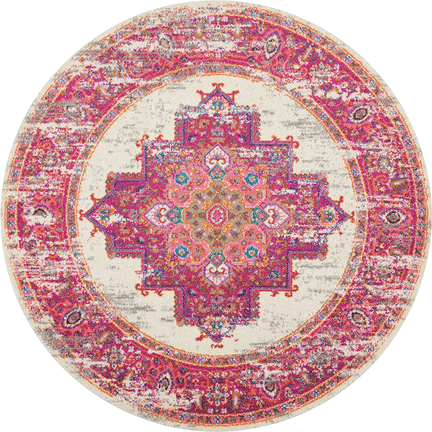 Passion Ivory/Fuchsia 4' X round Area Rug, Boho, Traditional, Easy Cleaning, Non Shedding, Bed Room, Living Room, Hallway, (4' Round)