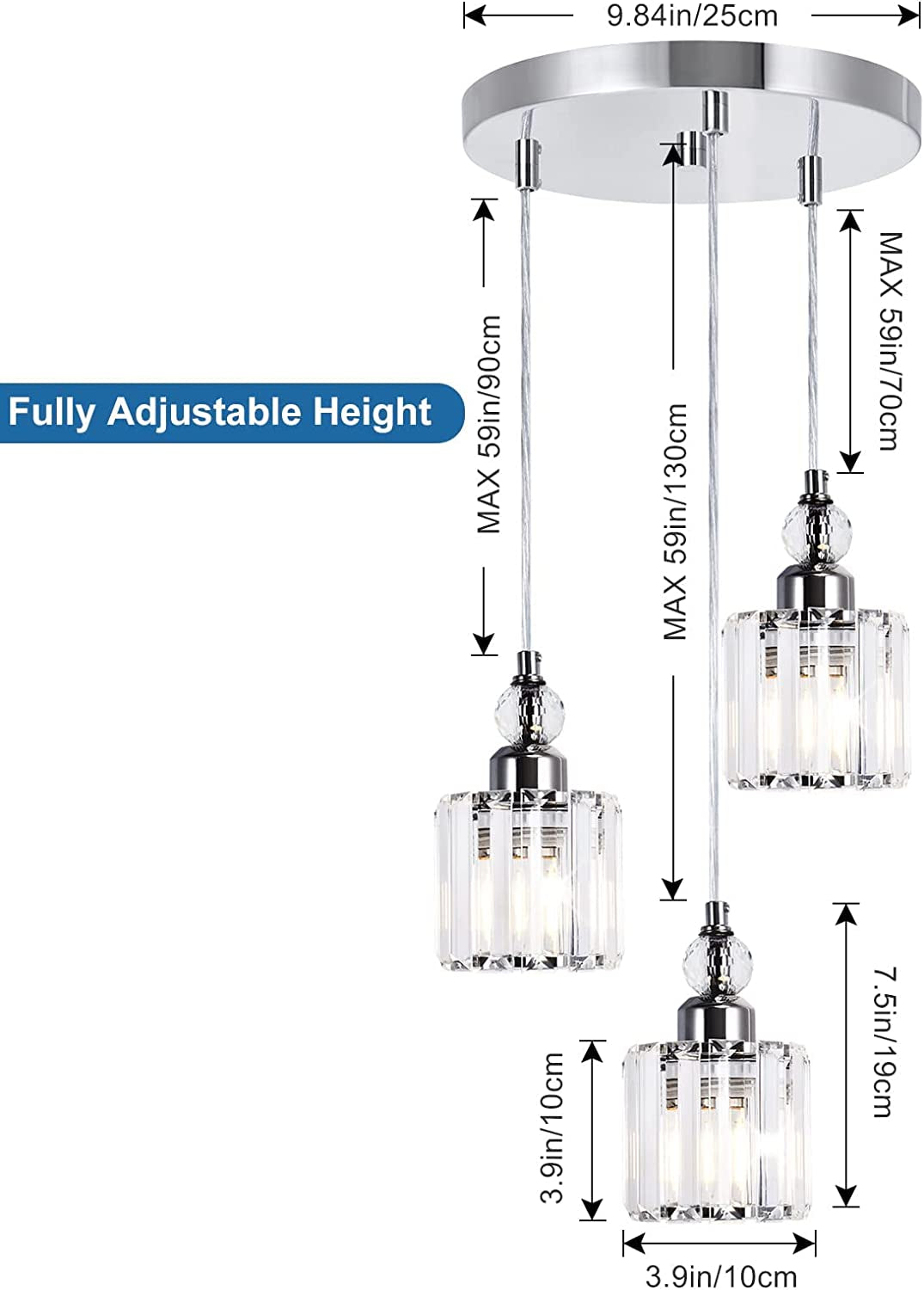 Crystal Pendant Ceiling Light Fixture for Kitchen Island,  Modern Mini Chandelier with Chrome Finished, 3-Light Pendant Lighting with E26 Ceramic Base, Adjustable Height