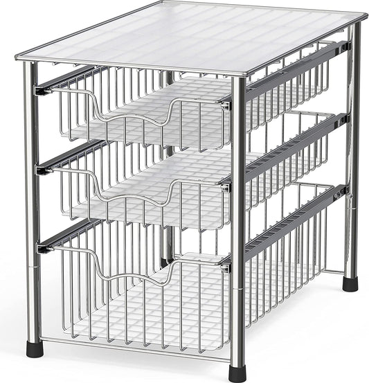 Stackable 3 Tier Sliding Basket Organizer Drawer, Chrome