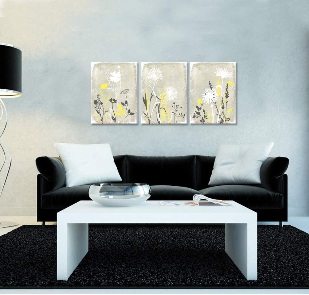 3 Pieces Yellow and Grey Flowers Wall Art Abstract Smiple Life Dandelion Floral Plant Art Print for Bathroom Bedroom Home Decor Stretched and Framed Ready to Hang 12X16Inchx3Pcs
