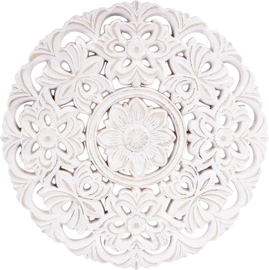 Wall Hanging Flower Heritage round Wall Art Wooden Wall Panel Distressed White Wall Plaques Decorative Wall Medallions Home Decor Christmas Day Gift Festival for Living Room Bedroom (Size: 12In)