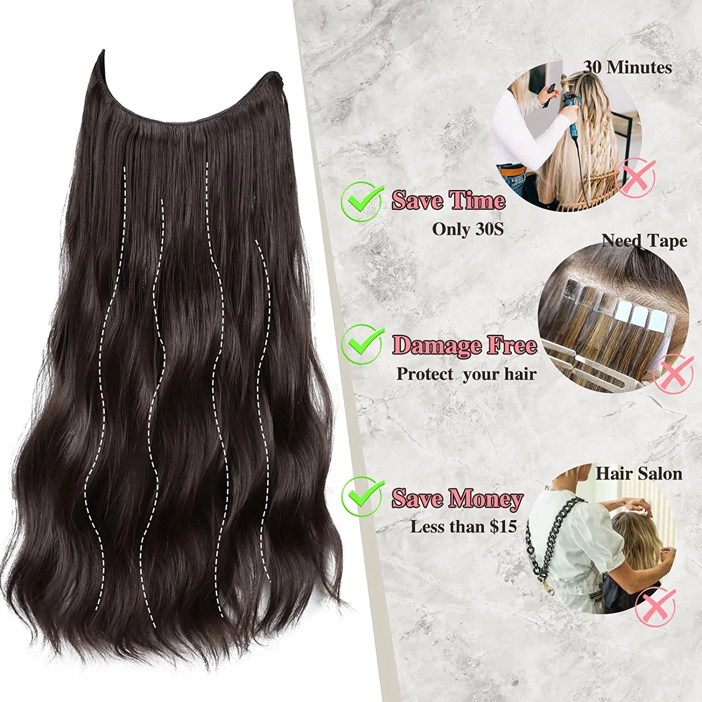 Invisible Wire Hair Extensions Long 20 Inches Wavy Hair Extensions with Adjustable Size Invisible Wire Hairpieces for Women (6A)