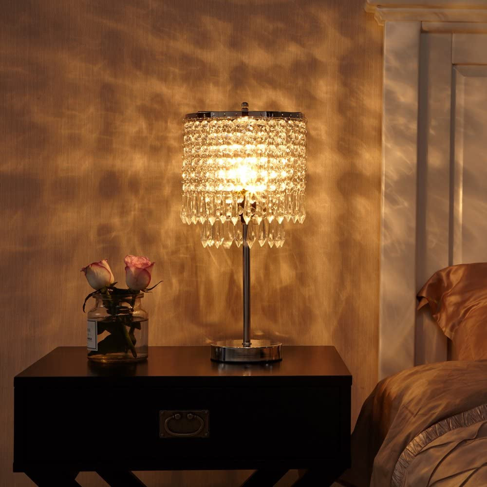Chrome Crystal Table Lamp,Modern Crystal Touch Desk Lamp for Bedroom,Silver Desk Lamp with Crystal Shade for Bedrooms,Living Room,Bedside