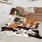 Cow Print Area Rugs Cowhide Rugs 4.6Ft X5.2Ft for Living Room Bedroom Western Decor, Cute Fluffy Cowhide Carpet Faux Fur Rug, Soft Fuzzy Rug for Home, Brown and White,(140*158Cm)