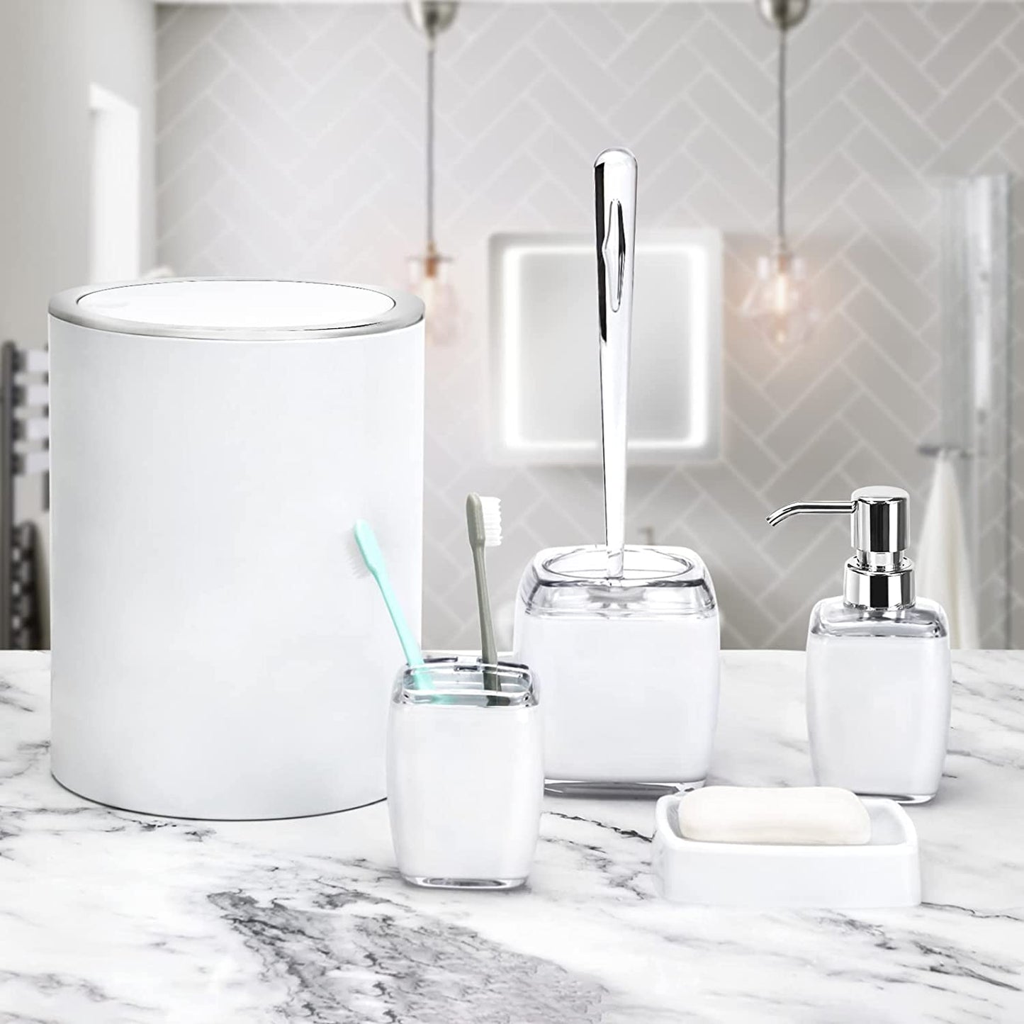 6 Pack White Acrylic Bathroom Accessories Set, Premium Acrylic Bathroom Set, White Toothbrush Holder Set