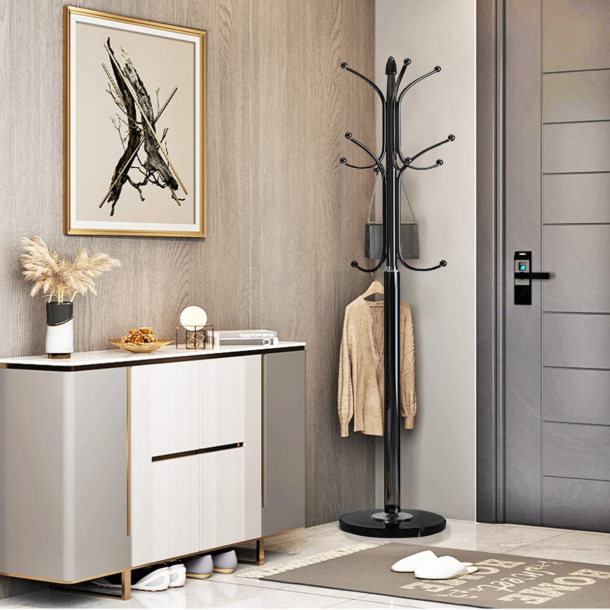 Kertnic Metal Coat Rack Stand with Natural Marble Base, Free Standing Hall Tree with 12 Hooks for Hanging Scarf, Bag, Jacket, Home Entry-Way Hat Hanger Organizer (Black)