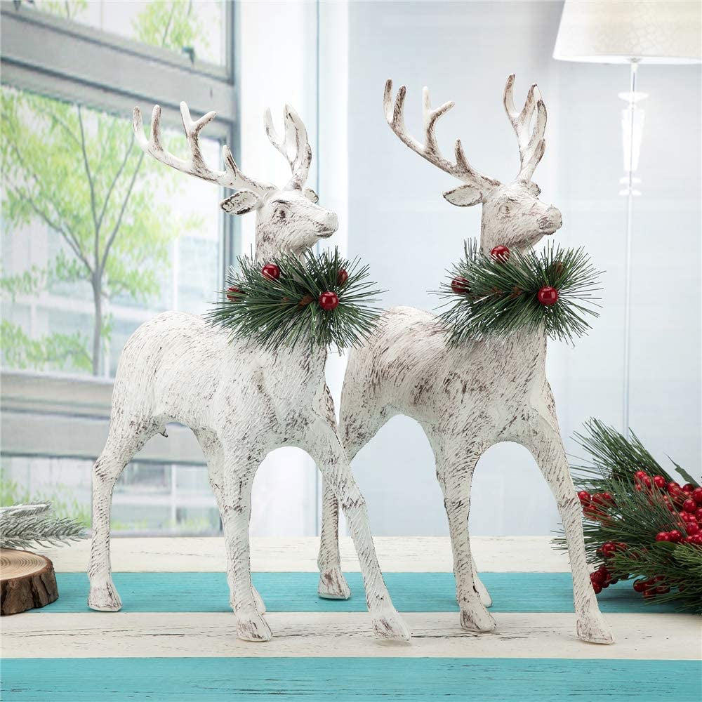 Reindeer Christmas Decoration Christmas Deers 12'' Standing Reindeer Decorations Christmas Deer Figurines Ornament Figurines with Red Berry Stem Pine Wreath, Indoor Tabletop Decorative