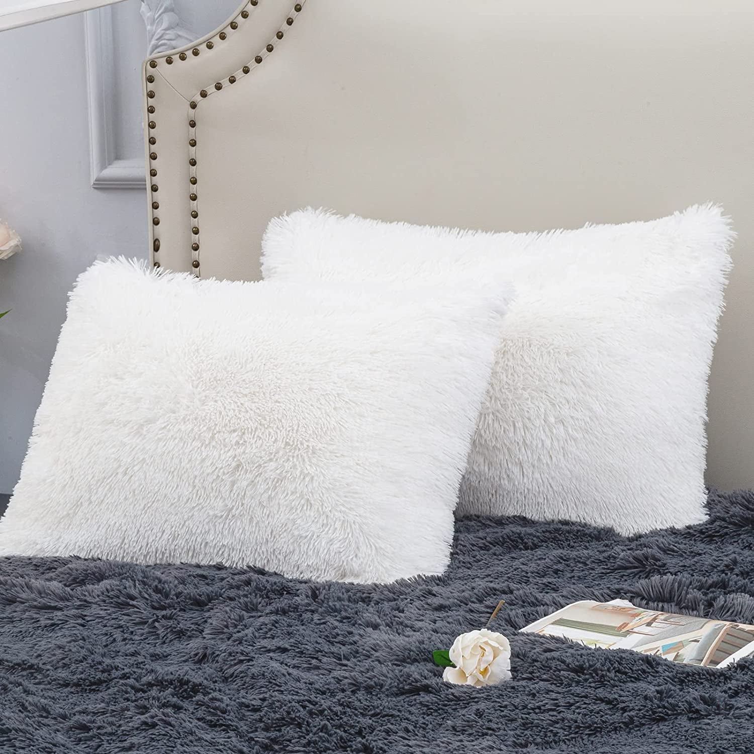 Faux Fur Pillowcases Standard Size, Set of 2 Shaggy Plush Fluffy Pillow Cases Home Decorative Fuzzy Pillow Covers, Zipper Closure , 20" X 26", White