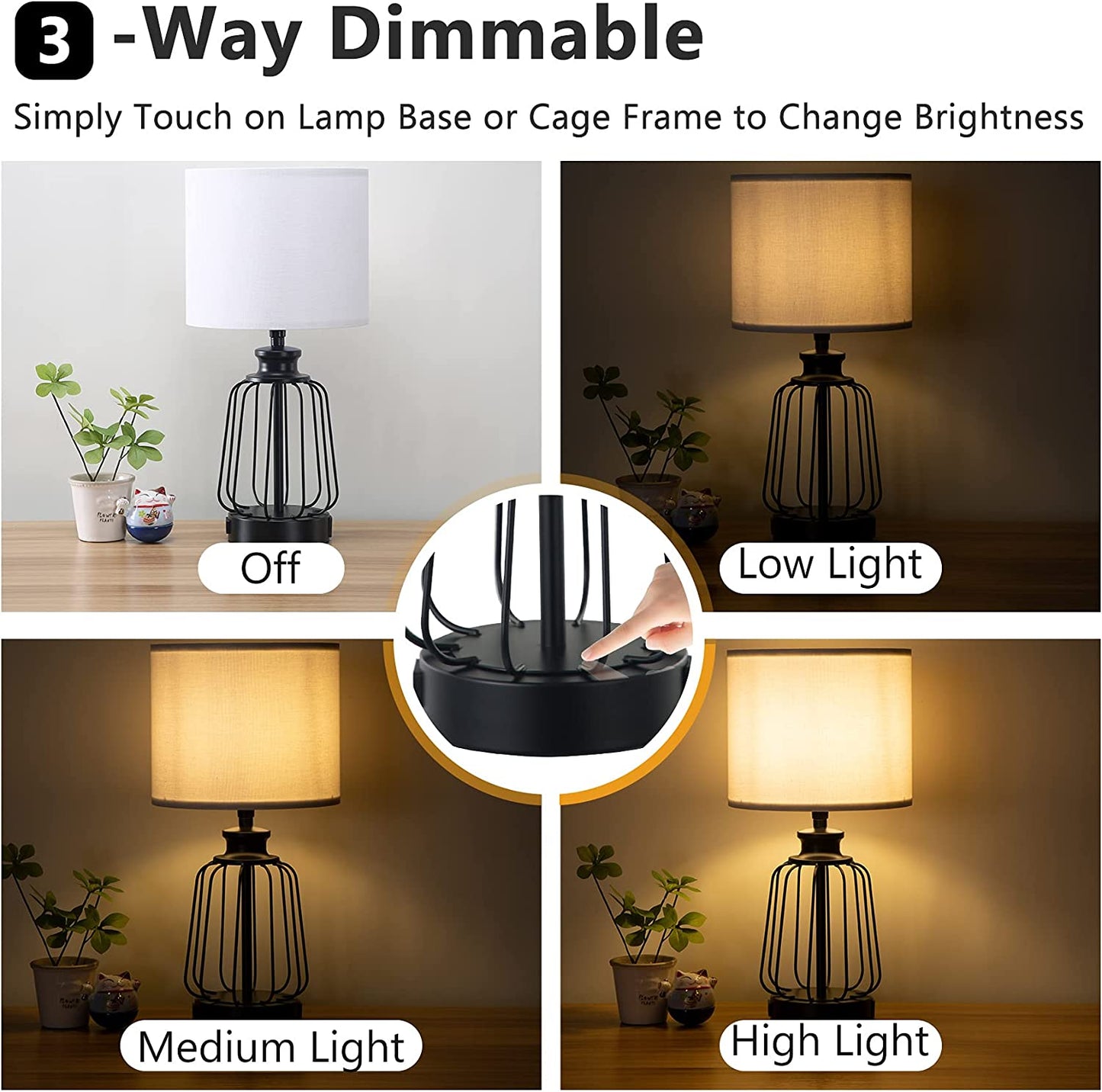 Touch Control Table Lamp Set of 2, Farmhouse Black Cage Bedside Lamps with 2 USB Ports and Outlets,3-Way Dimmable Nightstand Lamps for Reading, Bedroom, Living Room(Bulbs Included)