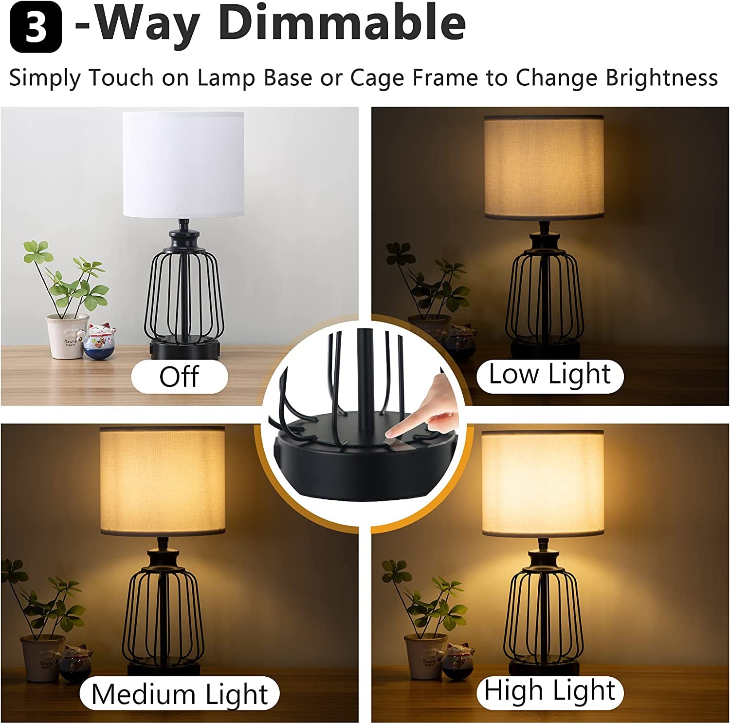 Touch Control Table Lamp Set of 2, Farmhouse Black Cage Bedside Lamps with 2 USB Ports and Outlets,3-Way Dimmable Nightstand Lamps for Reading, Bedroom, Living Room(Bulbs Included)