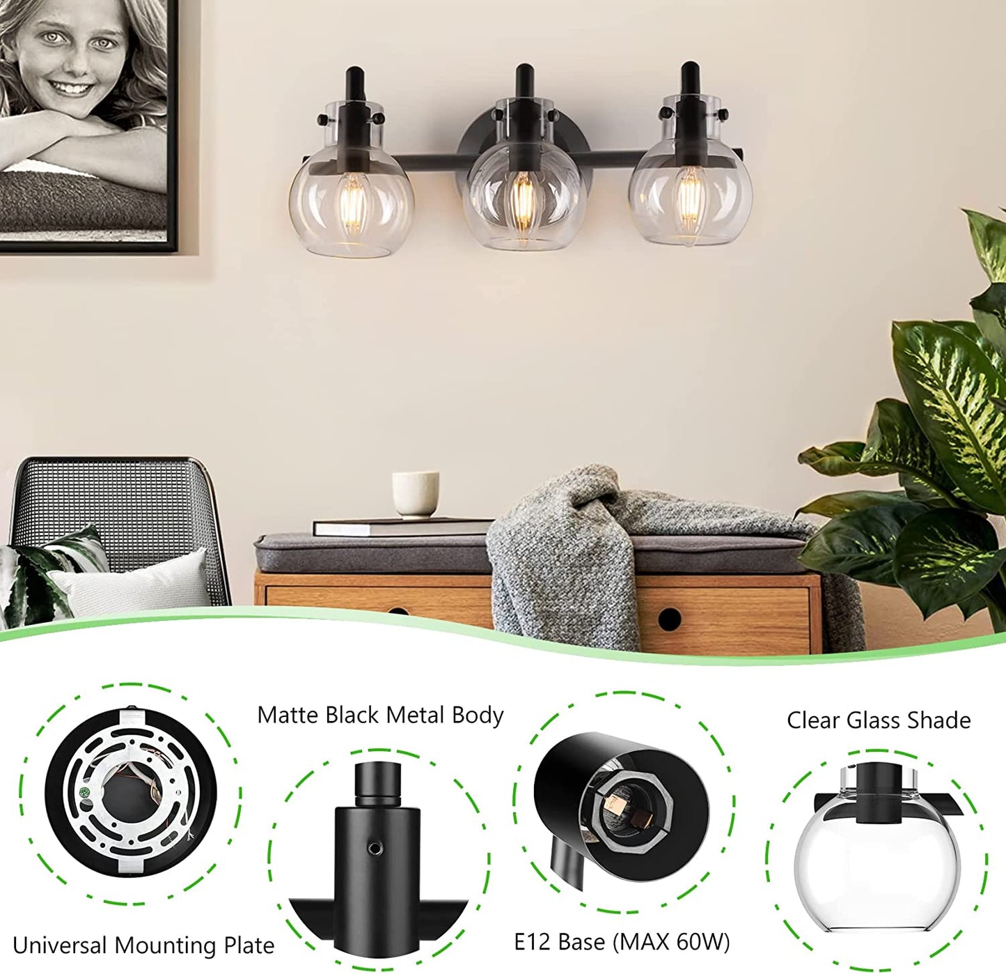 Bathroom Vanity Light Fixtures, Modern 3 Lights Wall Sconce Lighting Matte Black, Farmhouse Metal Wall Lamp with Globe Glass Shade, Porch Wall Mount Light Fixture for Mirror Cabinets Hallway Stairs