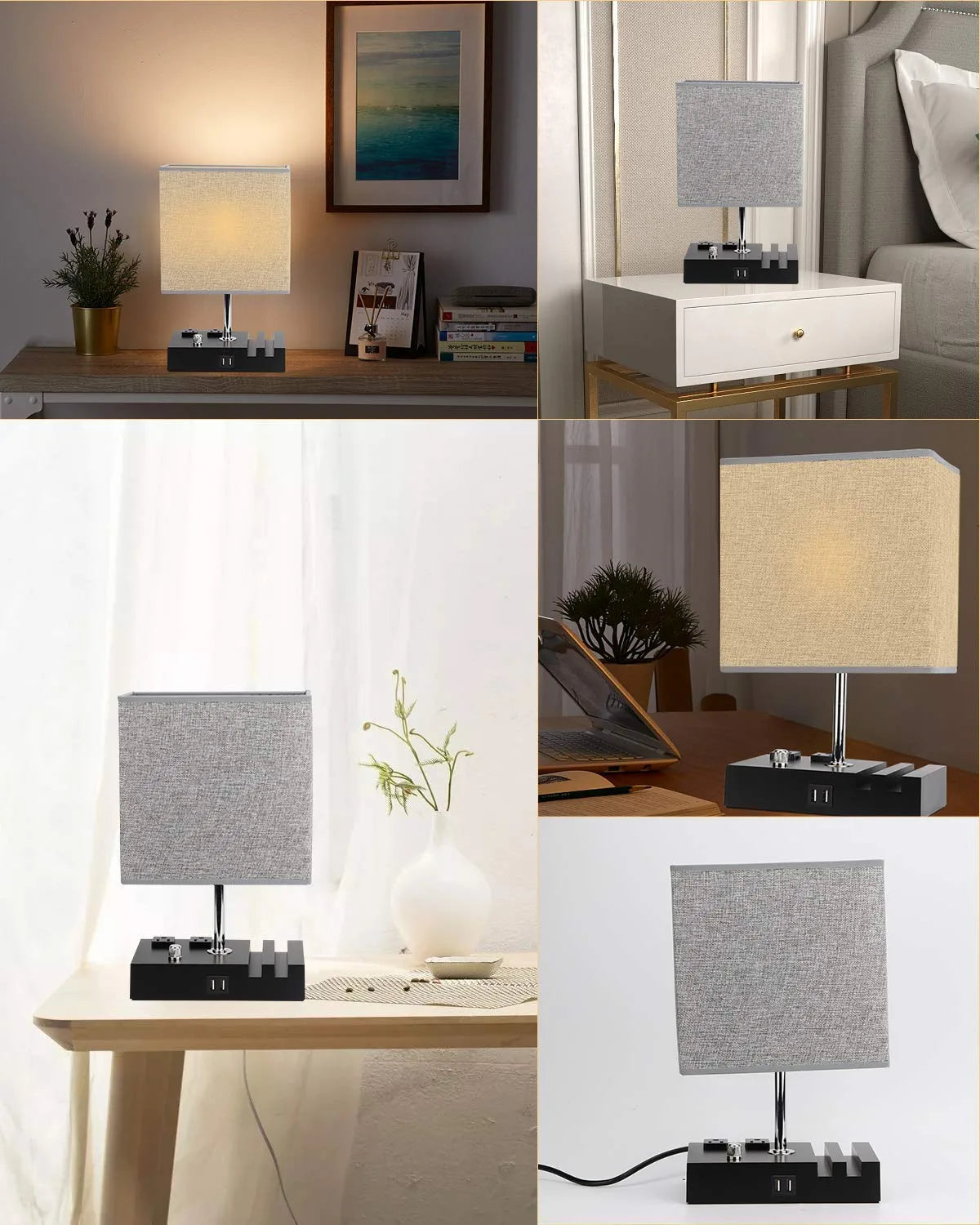 Fully Dimmable Table Lamp for Bedroom Living Room Dual USB Port -  Bedside Desk Lamp for Nightstand with Charging Station 2 Power Outlets, Grey Fabric Lampshade LED Bulb Included (Black/Grey)