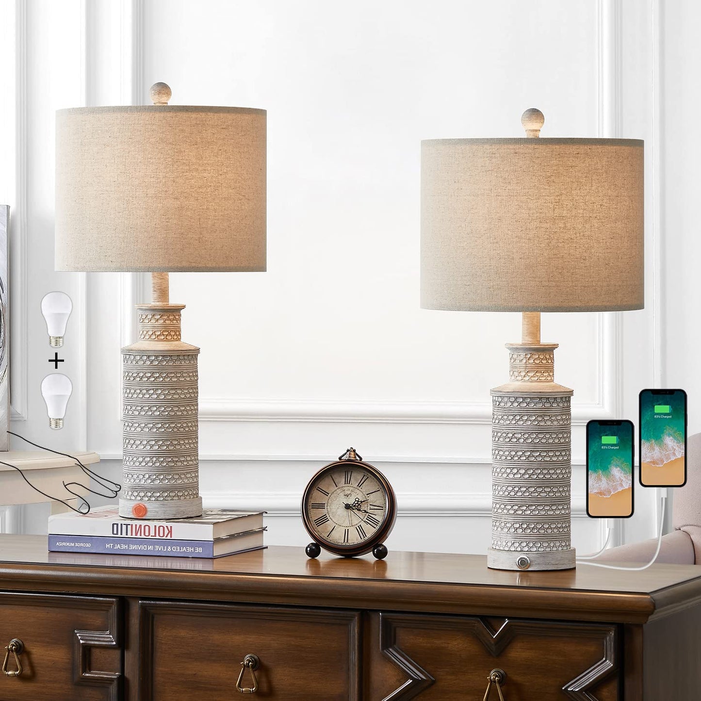 3-Way Dimmable Touch Control Table Lamp Set of 2 with Dual USB Charging Ports for Bedroom Living Room Vintage Rustic Farmhouse Traditional Nightstand Bedside Lamps(Bulbs Included)
