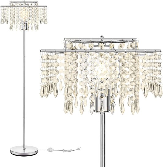 Double-Layer Lampshade Crystal Floor Lamp for Bedroom Modern Floor Lamp for Living Room,Elegant Standing Lamp,61.57" Tall Pole Lamp,Suitable for Bedroom,Living Room,Office,6W LED Bulb Included,Silver