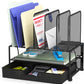Simplehouseware Mesh Desk Organizer with Sliding Drawer, Double Tray and 5 Upright Sections, Black
